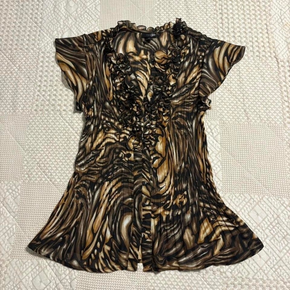 Y2K East 5th brown and black animal print button up blouse with ruffles
